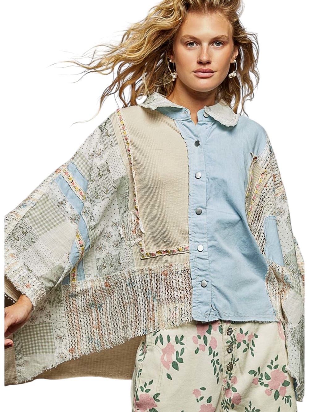 POL Natural and Light Blue  Crochet 3/4 Sleeve Shirt Top